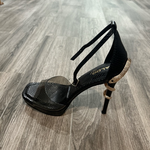 Aldo Black and Gold Peep-Toe Heels with Metallic Stiletto - Picture 2 of 5